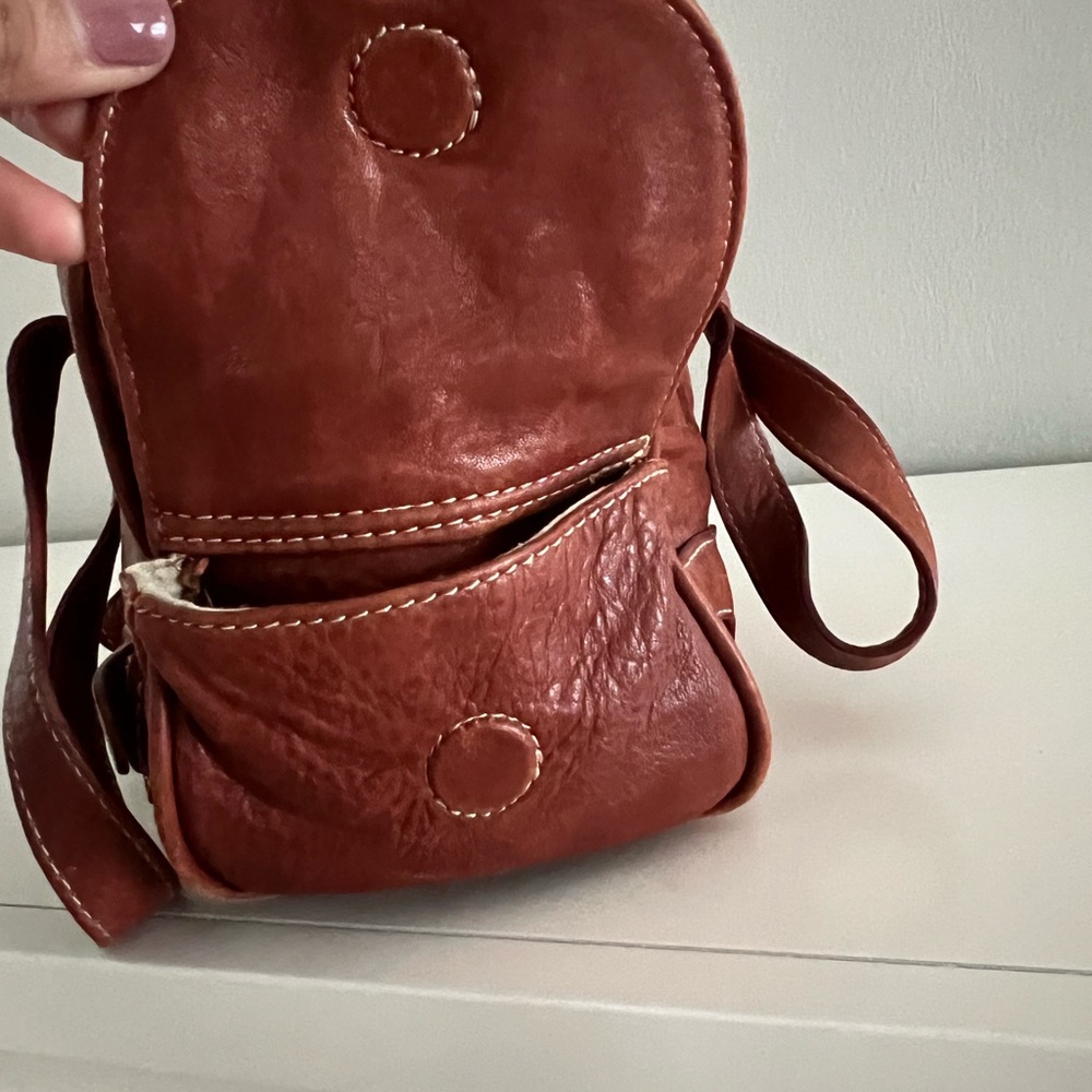 Brown leather bag. Small but can hold a lot. Has side pockets as well.